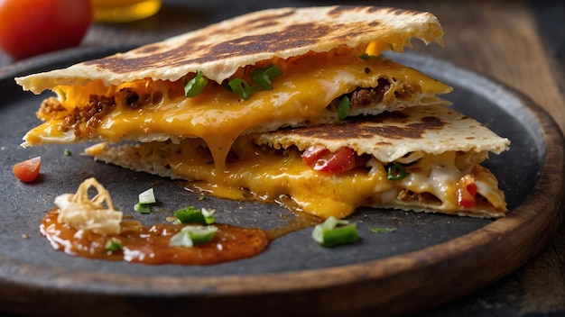 Zoom in on the mouthwatering layers of smoked cheese in a closeup shot of a woodfired quesadilla