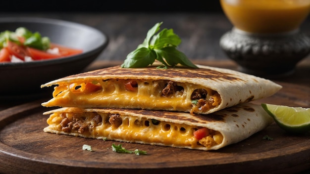 Zoom in on the mouthwatering layers of smoked cheese in a closeup shot of a woodfired quesadilla