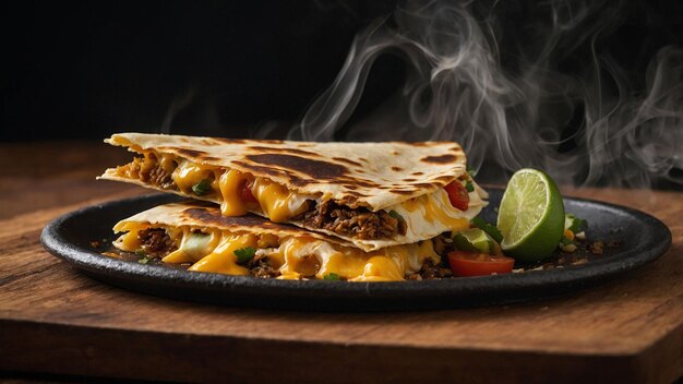 Zoom in on the mouthwatering layers of smoked cheese in a closeup shot of a woodfired quesadilla