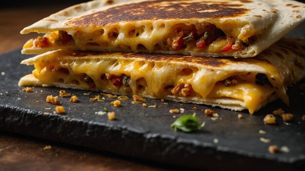 Zoom in on the mouthwatering layers of smoked cheese in a closeup shot of a woodfired quesadilla