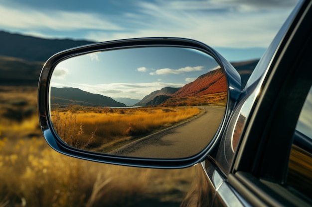 a zoomed or closeup image of a car front mirror with a beautiful view of Landscapes