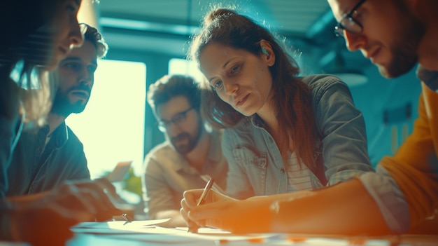 Zoomedin Image of a Business Team Working Collaboratively on a Project