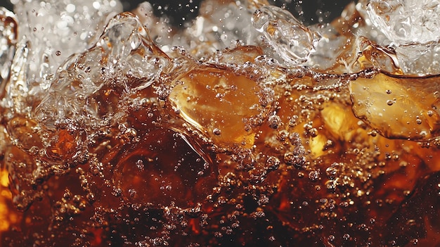 Photo a zoomedin view of a cola drink with ice capturing the bubbly texture and refreshing look