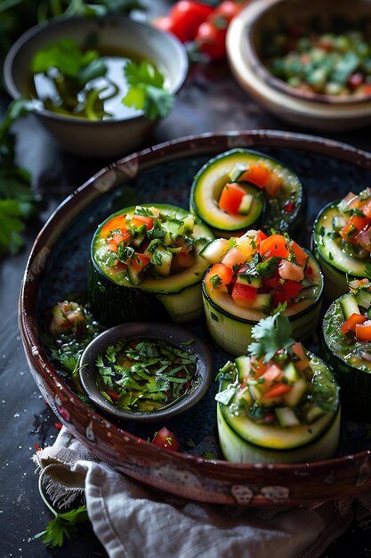 Photo zucchini cups filled with fresh tomato and cucumber salad