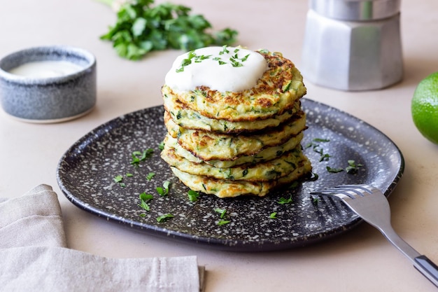 Zucchini fritters or pancakes with sour cream and herbs Healthy eating Vegetarian food