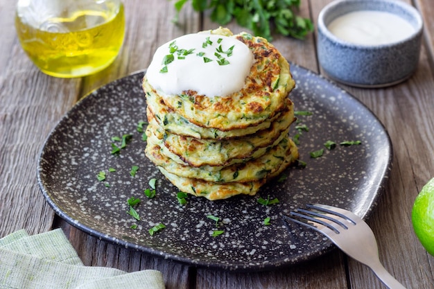 Zucchini fritters or pancakes with sour cream and herbs Healthy eating Vegetarian food