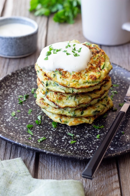 Zucchini fritters or pancakes with sour cream and herbs Healthy eating Vegetarian food