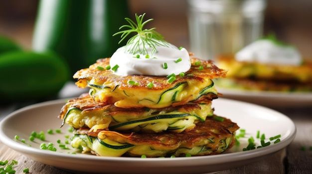 Zucchini pancakes with sour cream on top on a plate