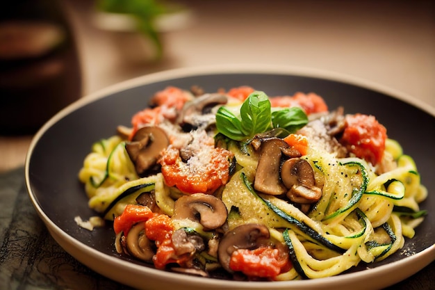 Zucchini pasta melting in your mouth with fried mushrooms and grated cheese