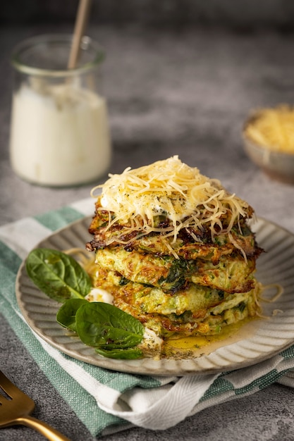 Zucchini and spinach pancakes with cheese, close-up