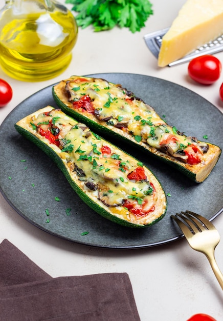 Zucchini stuffed with mushrooms tomatoes and cheese Healthy eating Vegetarian food Diet