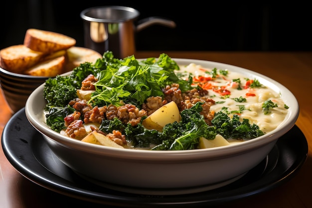 Zuppa Toscana A soup made with Italian sausage crushed red peppers diced white onion bacon