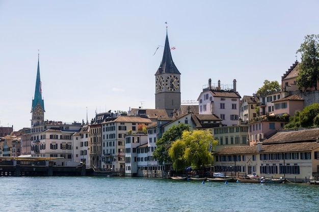 Zurich Switzerland 1 August 2019 Cityscape of Zurich and river Limmat in daytime with blue sky Switzerland