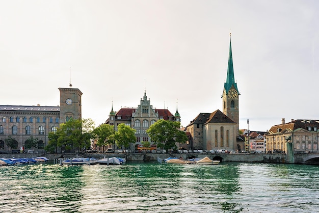 Zurich, Switzerland - September 2, 2016: Fraumunster Church at Limmat River quay in the city center of Zurich, Switzerland