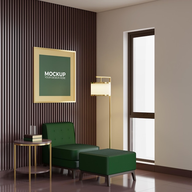 01 Interior poster frame mockup with 3D Interior Illustration