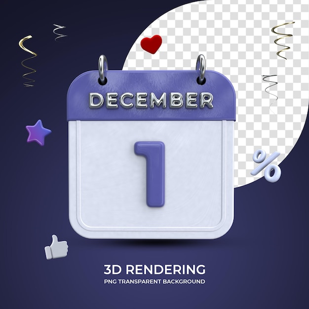 1 December calendar 3d rendering isolated transparent background