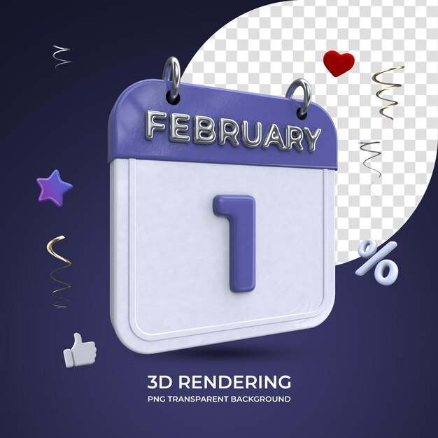 1 February Calendar 3d rendering isolated transparent background