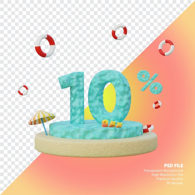 10 percent summer sale concept with ocean number podium 3d render