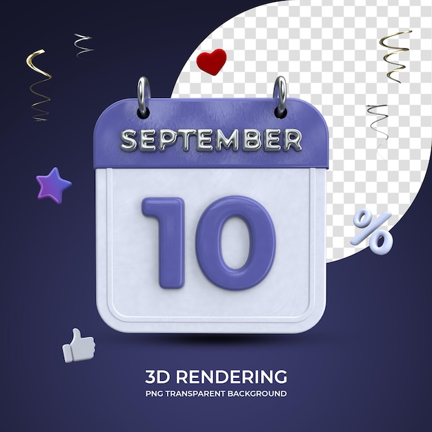 10 September calendar 3d rendering isolated transparent background