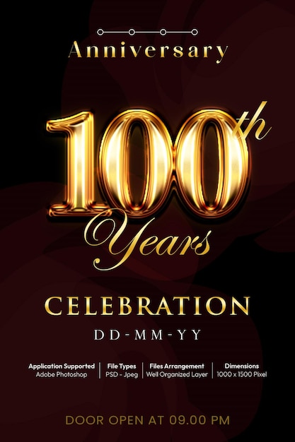 PSD 100 years anniversary poster or banner with editable text number 3d style