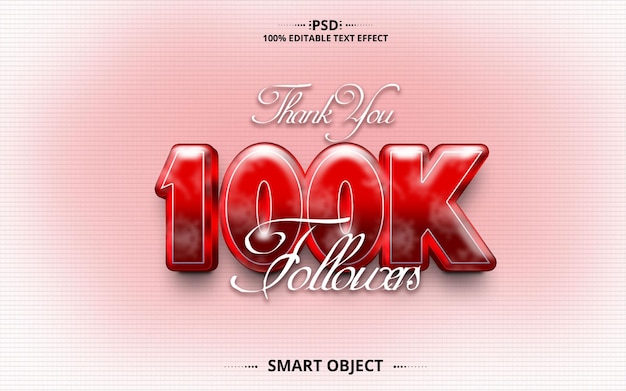 100k followers special editable 3d text effects creative design red color