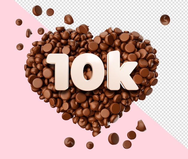 10k Likes 3d Text on Chocolate Chips Pieces Love 3d illustration