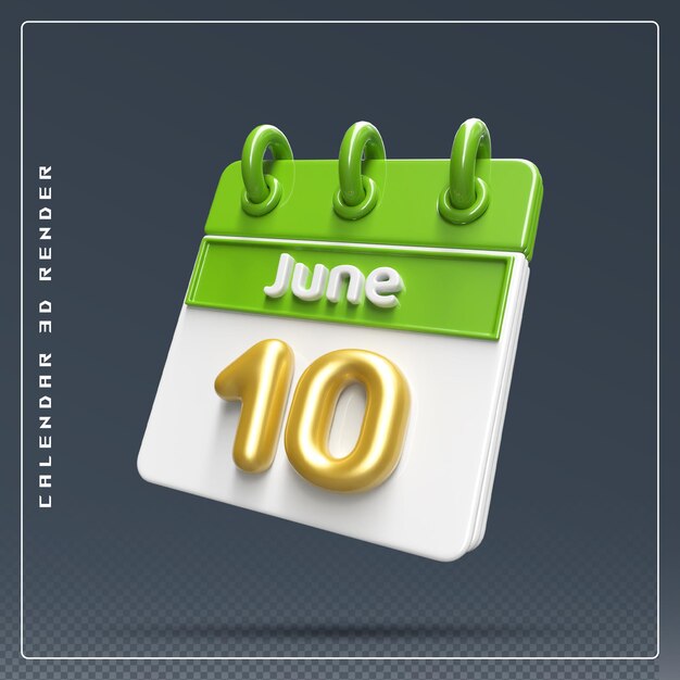 PSD 10th june calendar icon 3d render