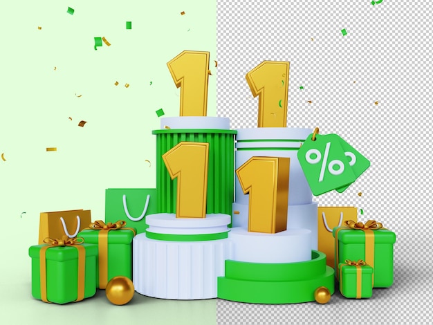 1111 shopping day sale banner 3d render concept 11 November mega sale global shopping world day