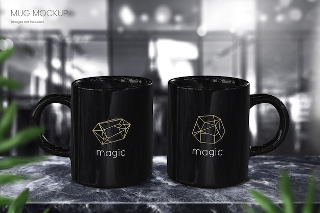 11oz black ceramic mug mockup on black marble tabletop