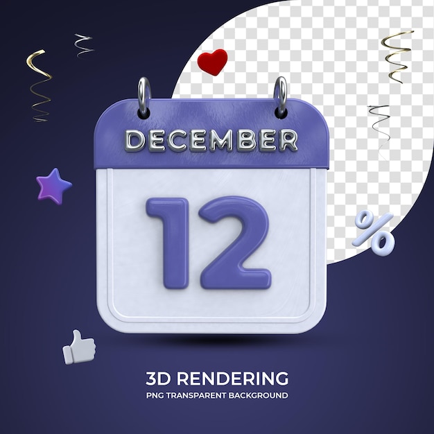 12 December calendar 3d rendering isolated transparent background