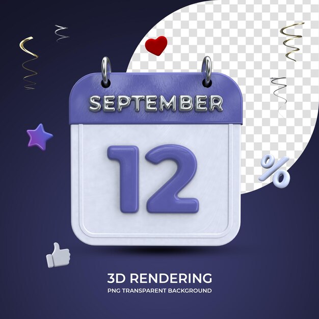 12 September calendar 3d rendering isolated transparent background