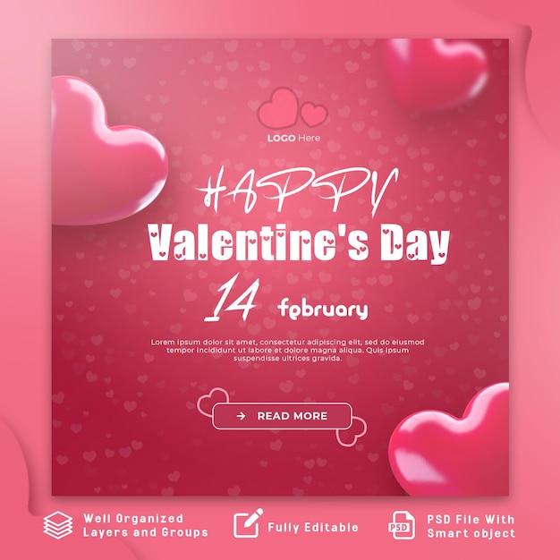 14 February happy valentines day banner instagram or social media post template psd