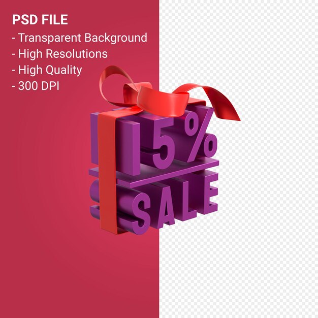 15 percent sale with bow and ribbon 3d design isolated