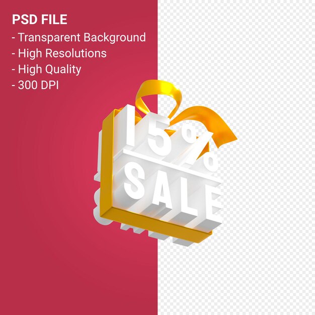 15 percentage sale with bow and ribbon 3d design isolated 