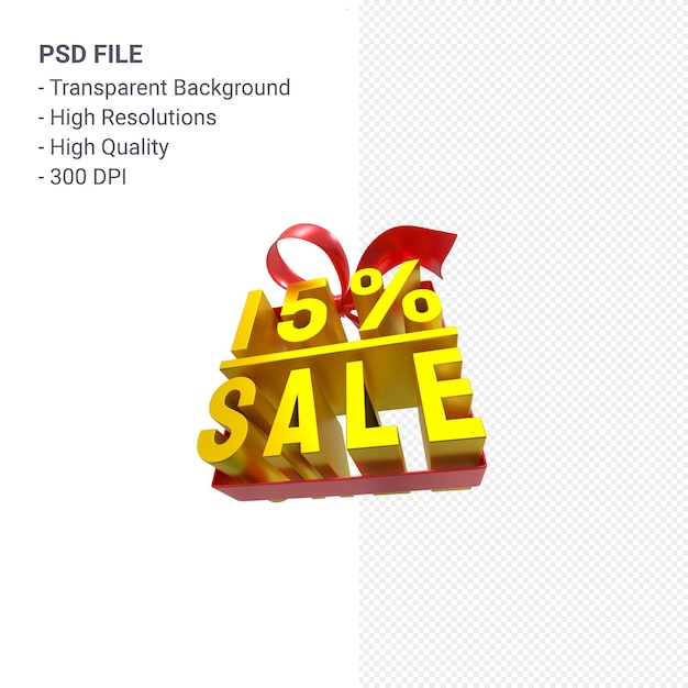 15 percentage sale with bow and ribbon 3d design isolated