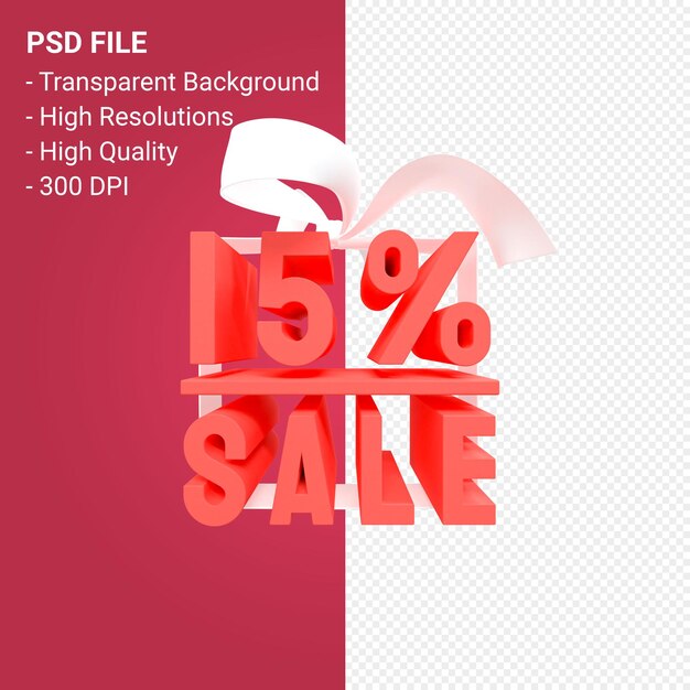 15 sale with bow and ribbon 3d design isolated