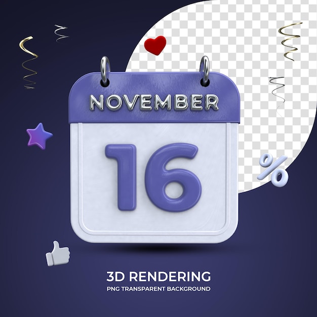 16 November calendar 3d rendering isolated transparent background