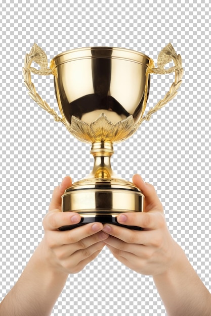 2 Hands Holding Up Gold Trophy Isolated on Transparent Background