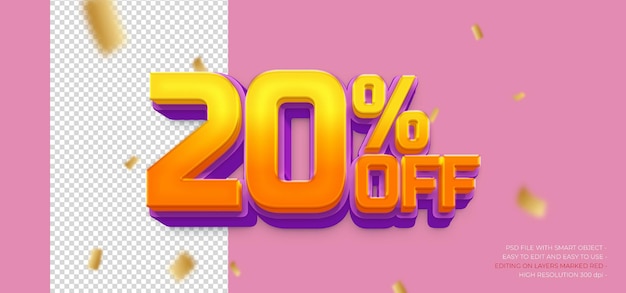 20 percent offer label with editable 3d style text effect