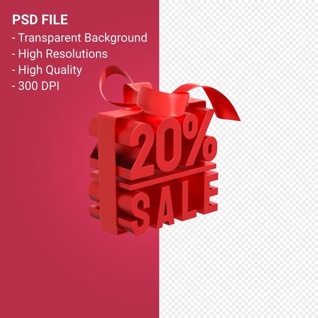 20 percent sale with bow and ribbon 3d design isolated