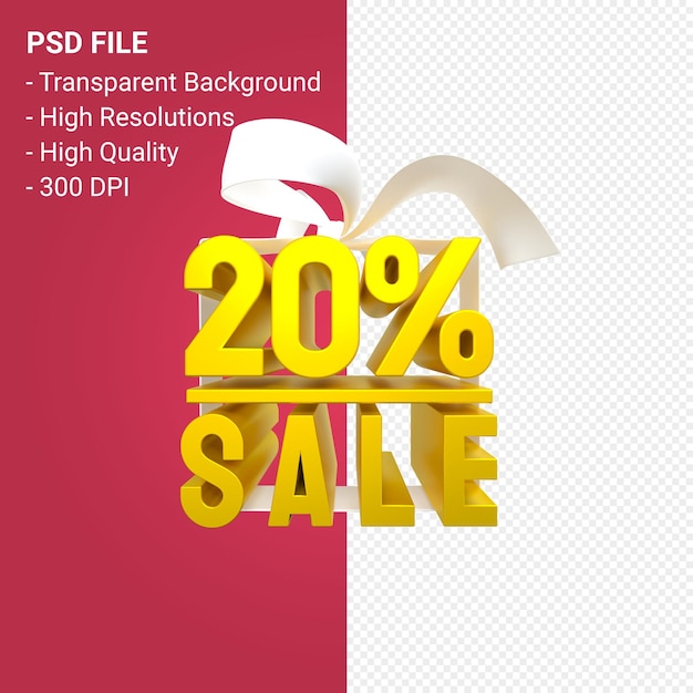 20 sale with bow and ribbon 3d design on isolated background