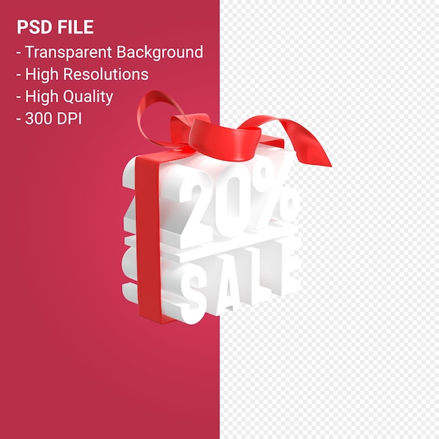 20 sale with bow and ribbon 3d design on isolated background