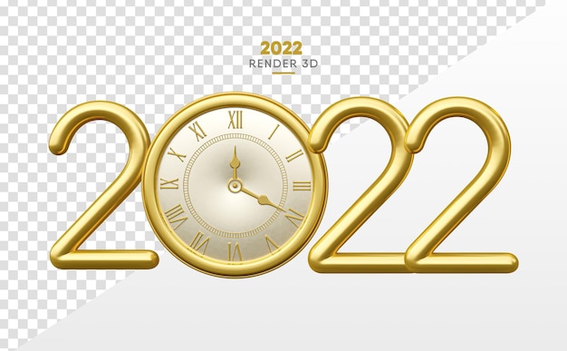 2022 in 3d golden render with realistic clock on transparent background