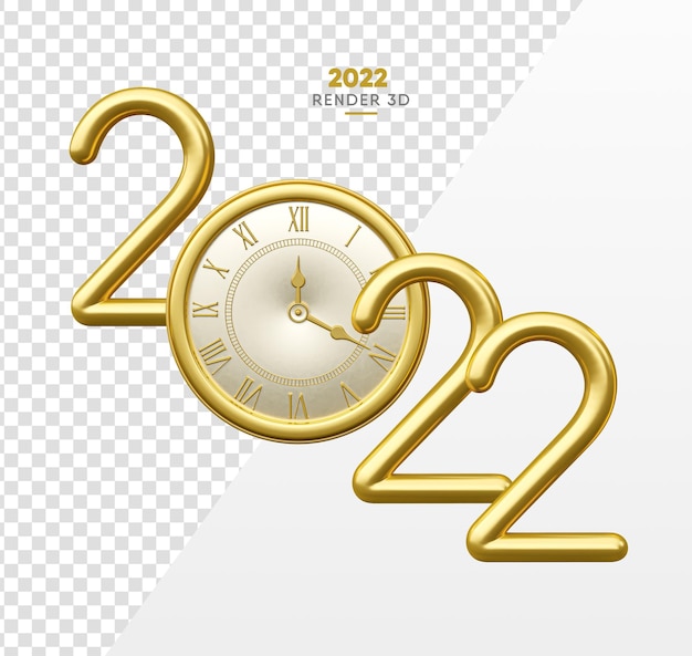 2022 in 3d golden render with realistic clock on transparent background