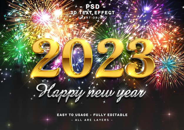 2023 happy new year 3d golden silver text effect