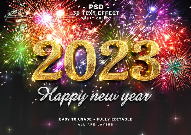 2023 happy new year 3d sparkle golden silver text effect