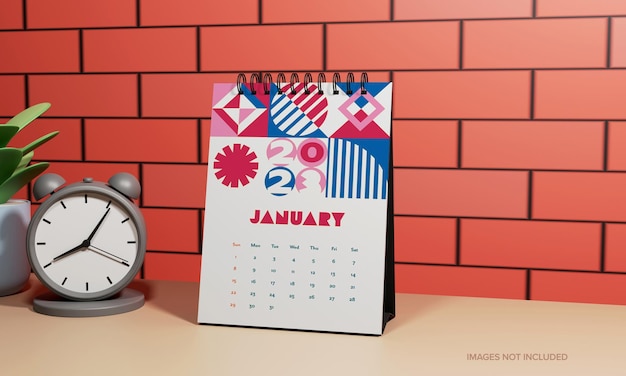 2023 Multicolor Yearly Desk Calendar Template In Notebook Style With 3D Alarm Clock Plant Pot On Brick Wall Background