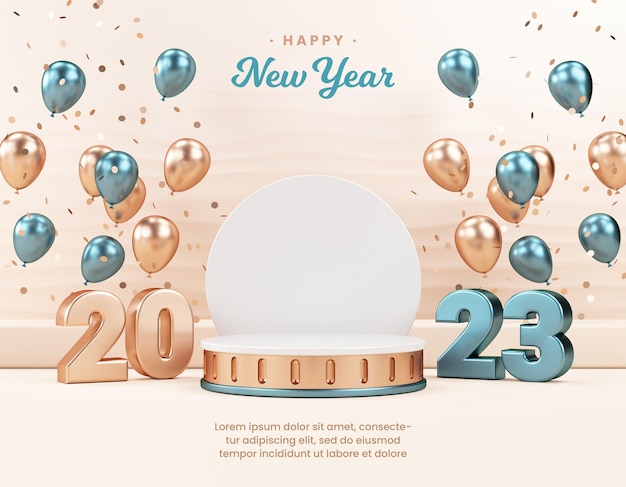 2023 podium platform background with metallic numbers and festive stuff for product display