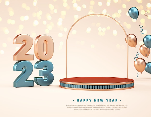 2023 product stand podium with metallic numbers and balloons for product display in 3D illustration