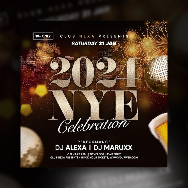 PSD 2024 happy new year eve dj club party social media template or web banner